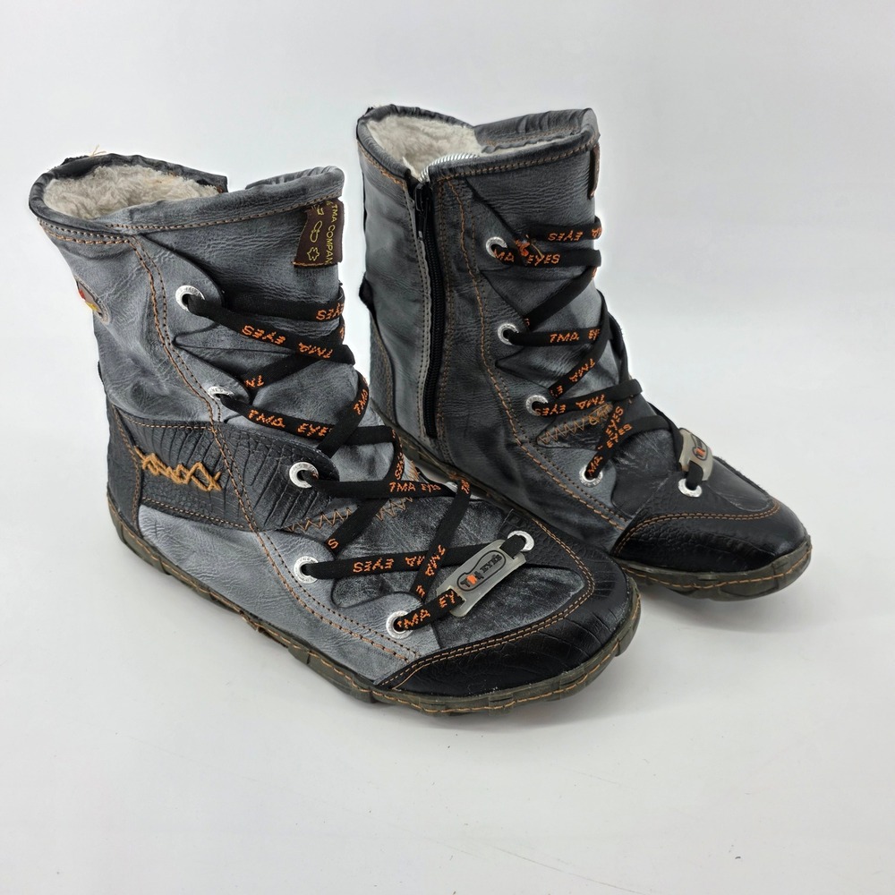 TMA Eyes Art Leather Ankle Boots Gray/Black Faux Fur Zipper Size 42 Womens 10